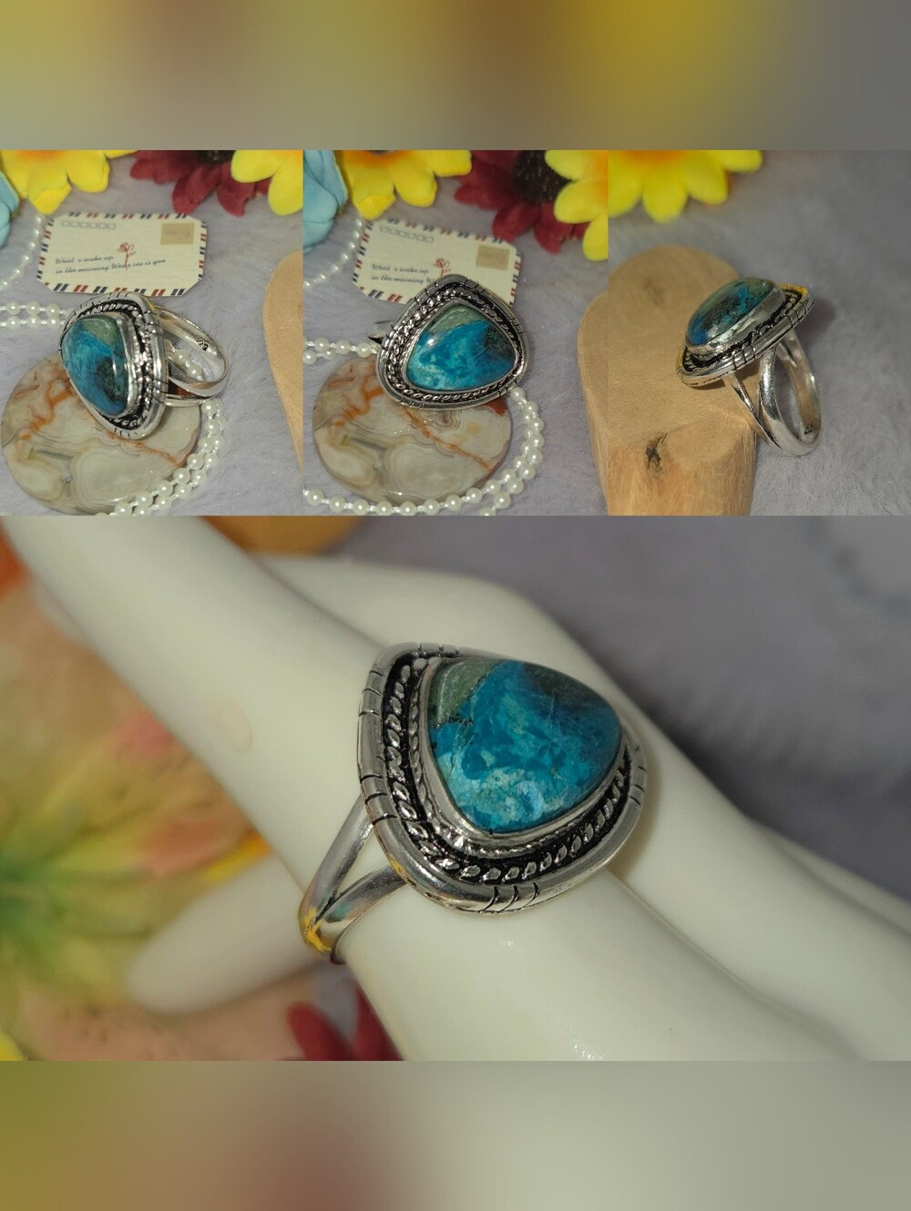 Memorizing Natural Shattuckite Gemstone Dainty Handmade Halo Ring - Picture 6 of 11
